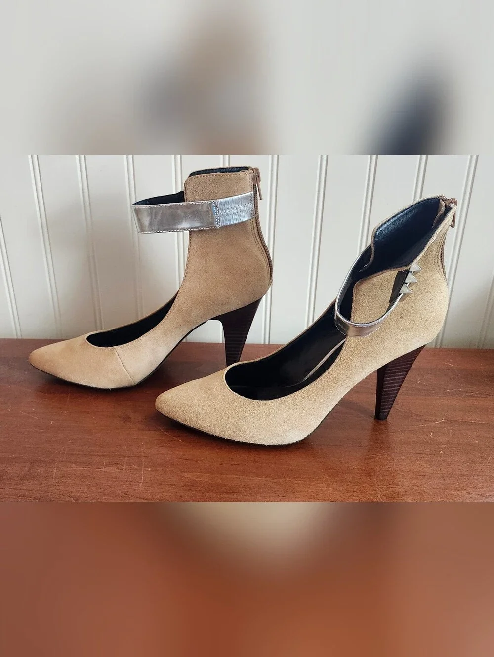 Kelsi Dagger Women's Beige Suede Pointed-Toe Ankle-Strap Heels